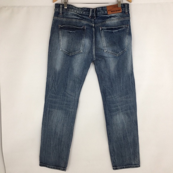 Ween Charm Men’s Distressed Jeans Ripped Blue Denim Size 34 Straight Leg - Picture 11 of 12